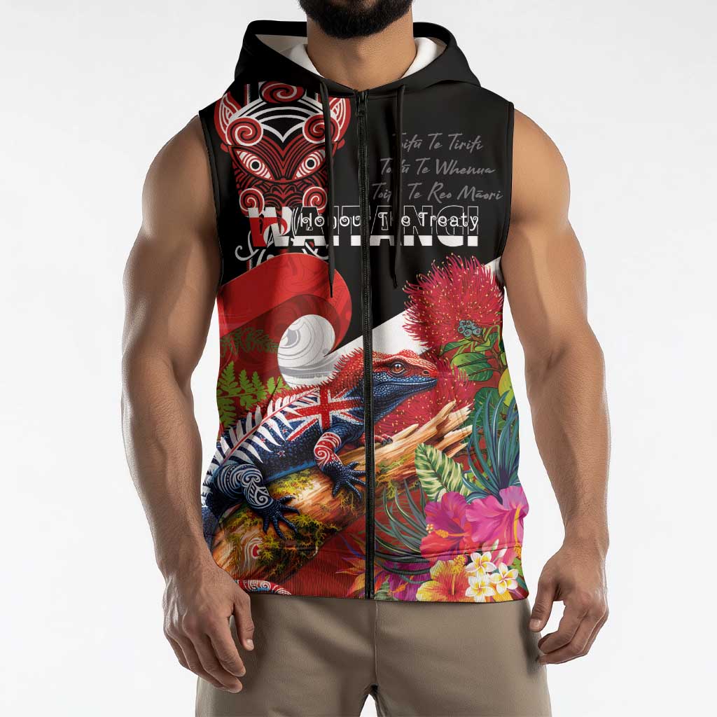 Aotearoa Toitu Te Tiriti Sleeveless Zip Hoodie Waitangi-Honour The Treaty NZ Tuatara and Plants LT03 - Polynesian Pride