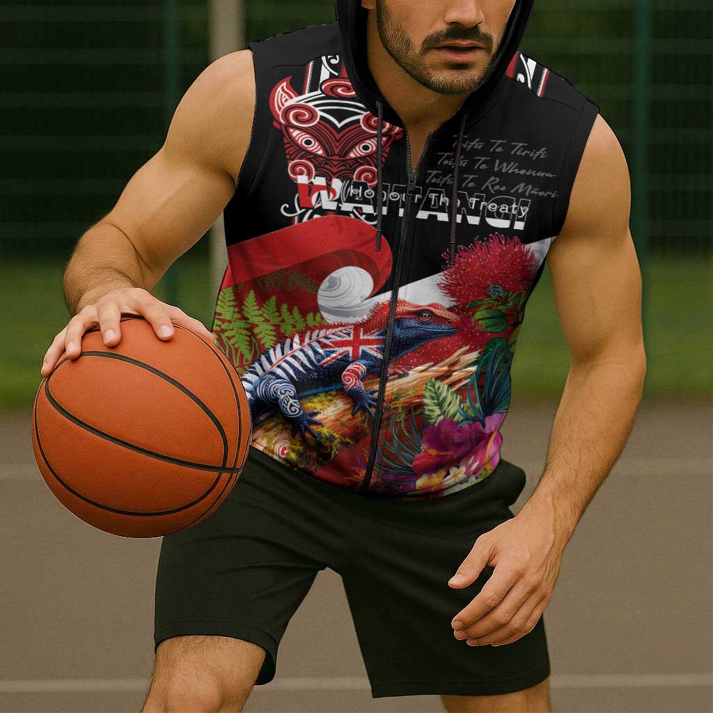 Aotearoa Toitu Te Tiriti Sleeveless Zip Hoodie Waitangi-Honour The Treaty NZ Tuatara and Plants LT03 - Polynesian Pride