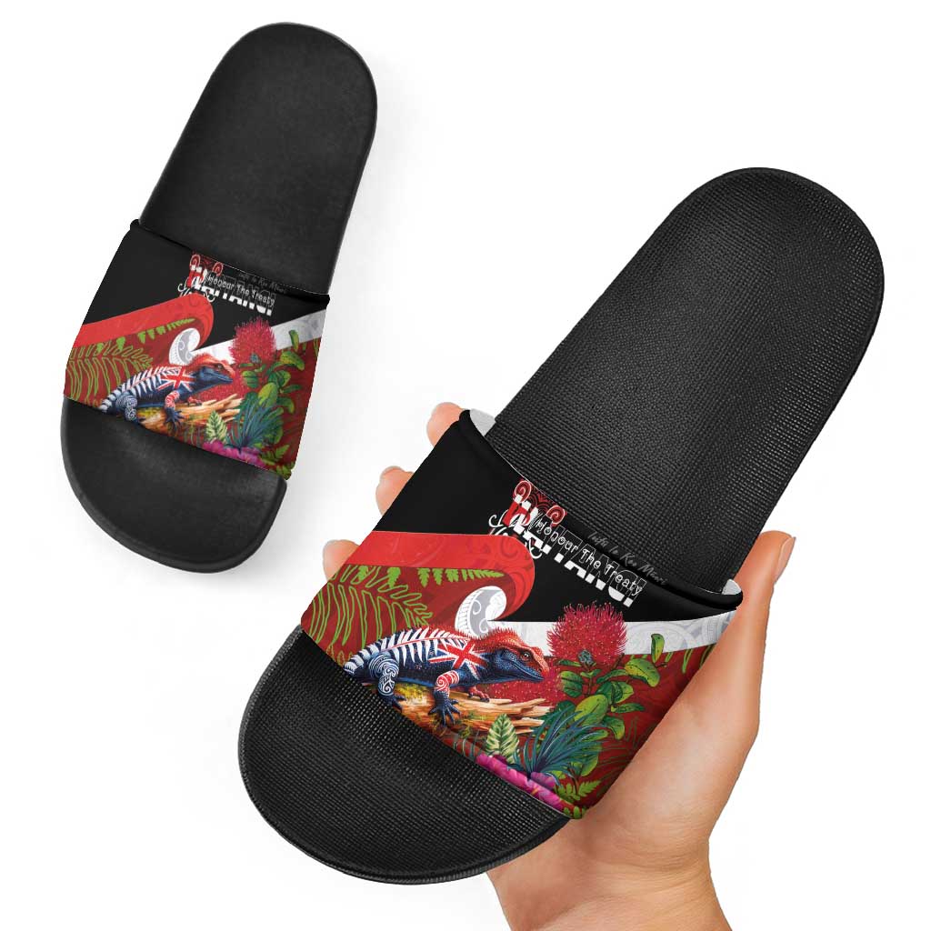 Aotearoa Toitu Te Tiriti Slide Sandals Waitangi-Honour The Treaty NZ Tuatara and Plants LT03 - Polynesian Pride