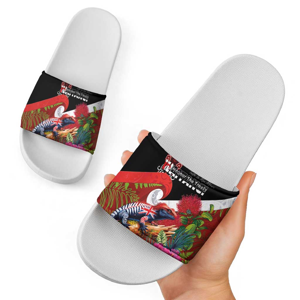 Aotearoa Toitu Te Tiriti Slide Sandals Waitangi-Honour The Treaty NZ Tuatara and Plants LT03 - Polynesian Pride
