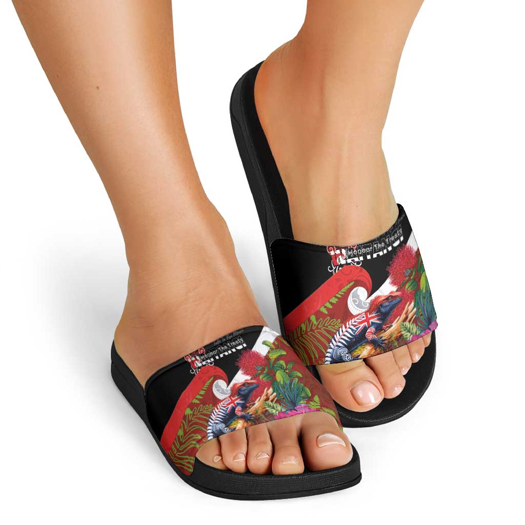 Aotearoa Toitu Te Tiriti Slide Sandals Waitangi-Honour The Treaty NZ Tuatara and Plants LT03 - Polynesian Pride