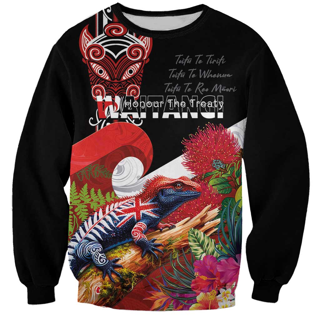 Aotearoa Toitu Te Tiriti Sweatshirt Waitangi-Honour The Treaty NZ Tuatara and Plants