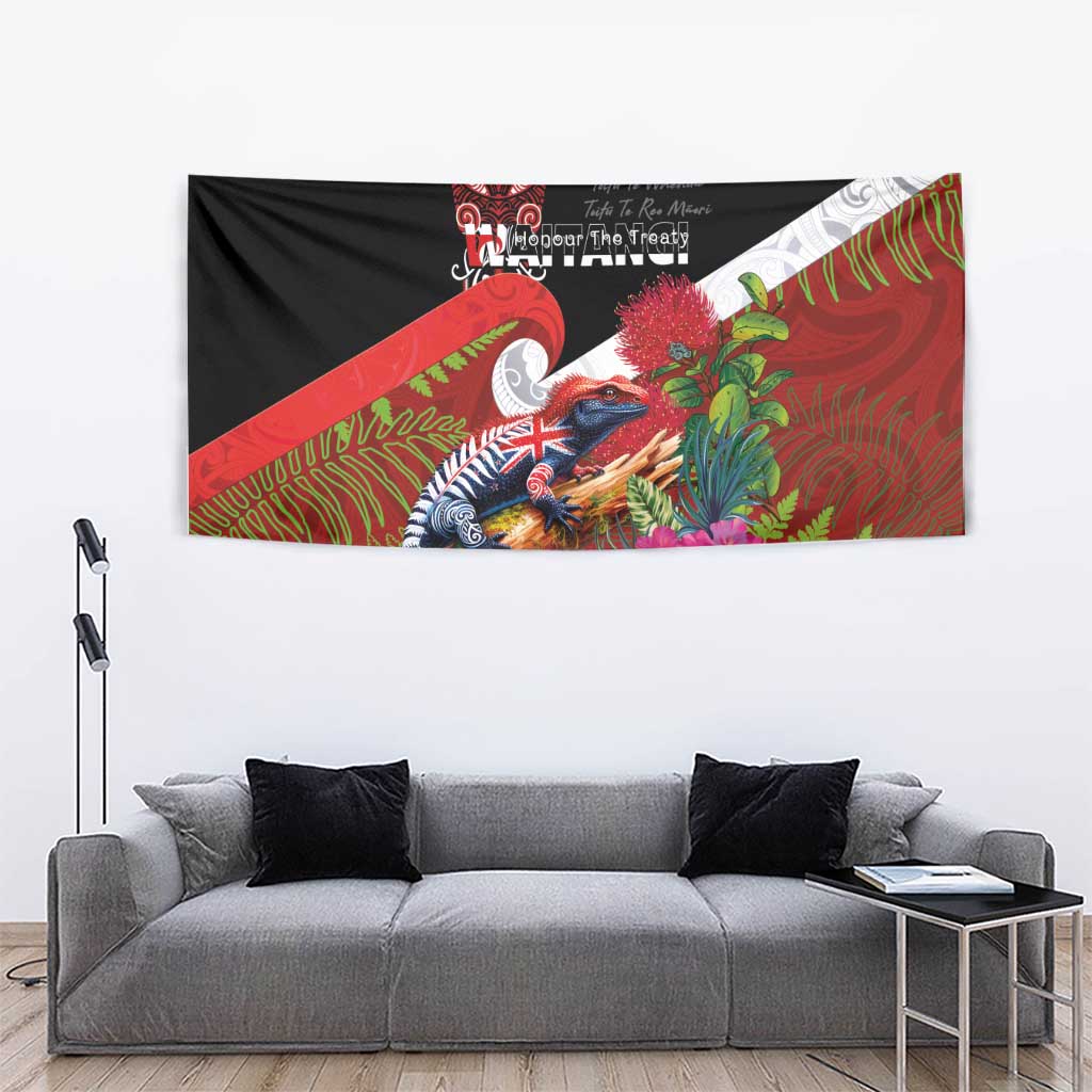 Aotearoa Toitu Te Tiriti Tapestry Waitangi-Honour The Treaty NZ Tuatara and Plants