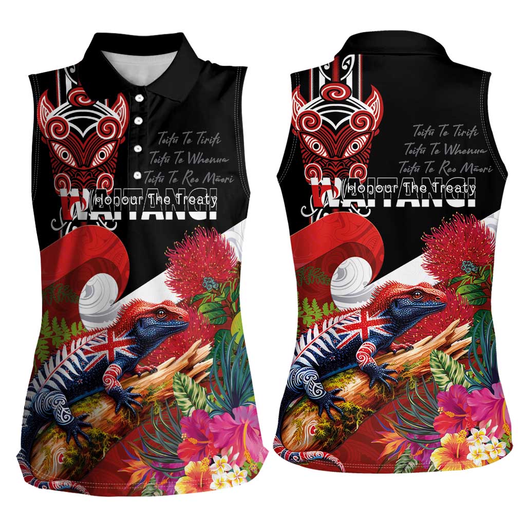 Aotearoa Toitu Te Tiriti Women Sleeveless Polo Shirt Waitangi-Honour The Treaty NZ Tuatara and Plants LT03 - Polynesian Pride