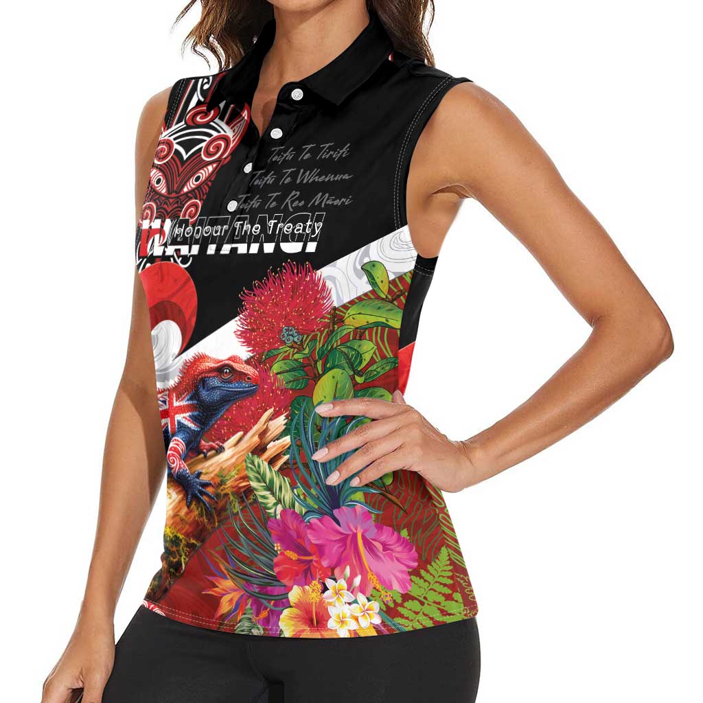 Aotearoa Toitu Te Tiriti Women Sleeveless Polo Shirt Waitangi-Honour The Treaty NZ Tuatara and Plants LT03 - Polynesian Pride