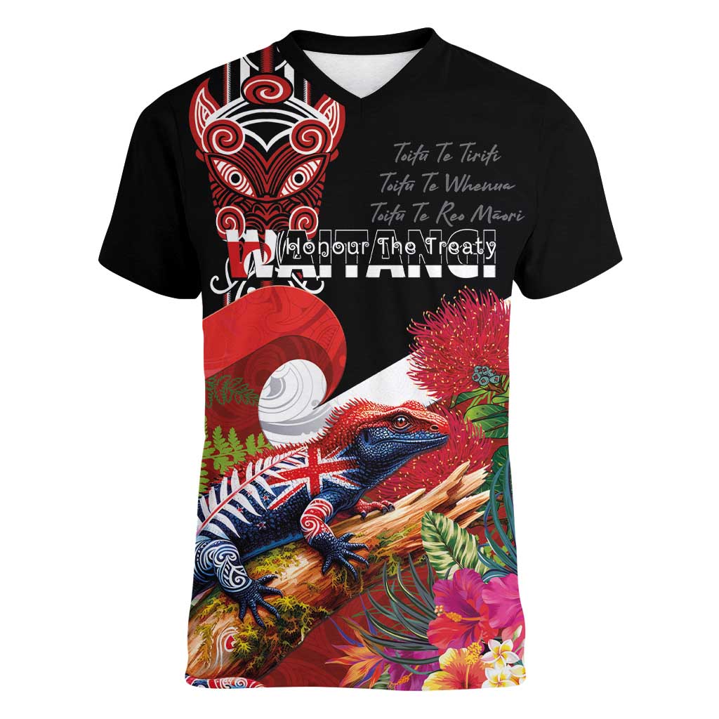 Aotearoa Toitu Te Tiriti Women V-Neck T-Shirt Waitangi-Honour The Treaty NZ Tuatara and Plants LT03 Female Multicolor - Polynesian Pride