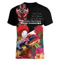 Aotearoa Toitu Te Tiriti Women V-Neck T-Shirt Waitangi-Honour The Treaty NZ Tuatara and Plants LT03 - Polynesian Pride