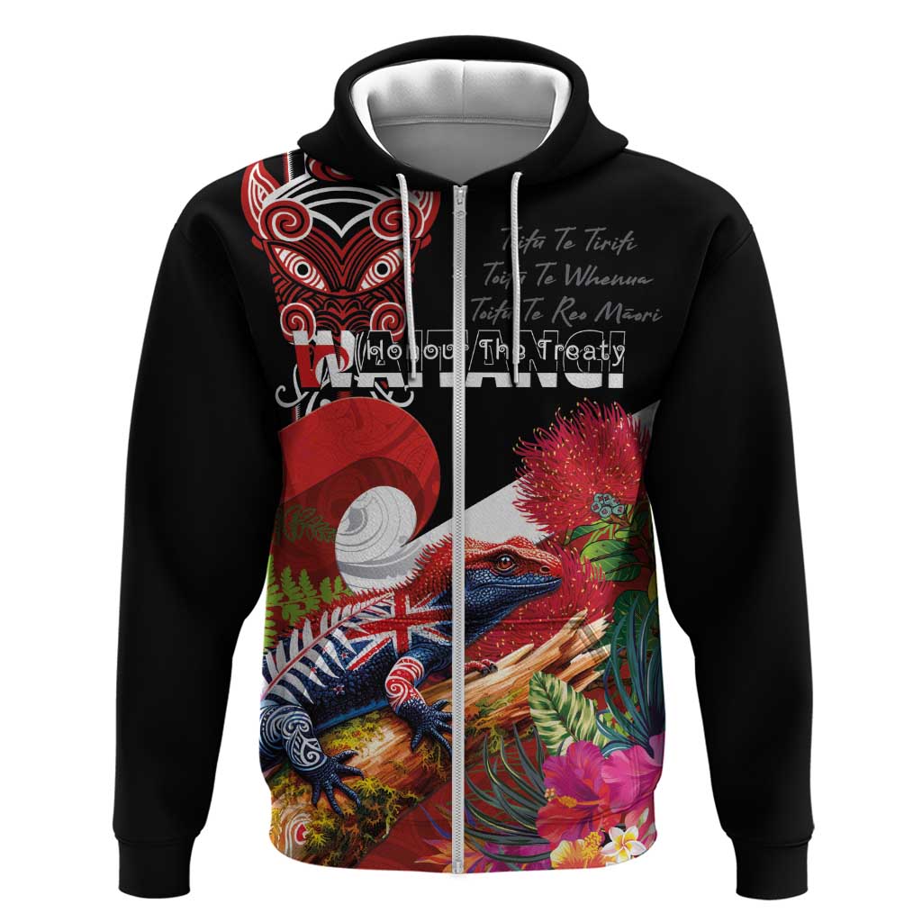 Aotearoa Toitu Te Tiriti Zip Hoodie Waitangi-Honour The Treaty NZ Tuatara and Plants LT03 Zip Hoodie Multicolor - Polynesian Pride