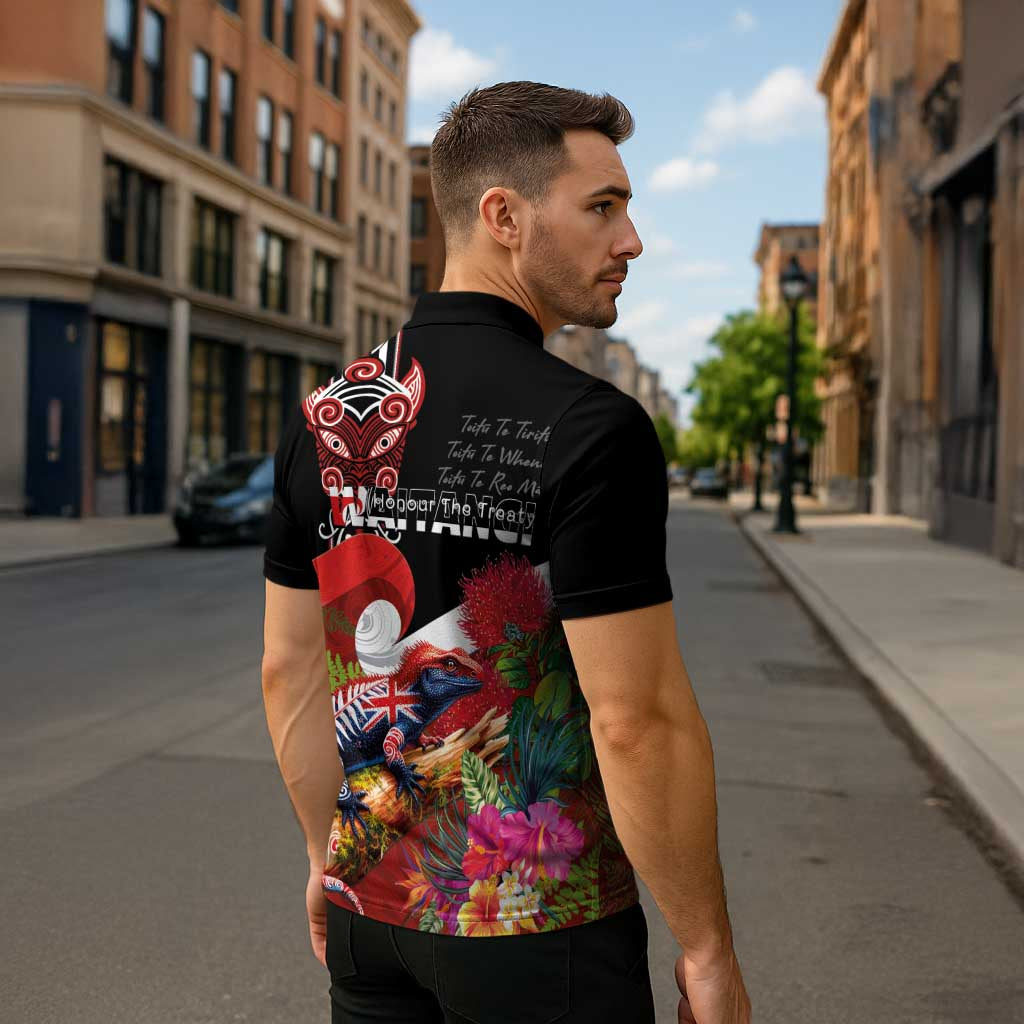 Aotearoa Toitu Te Tiriti Zipper Polo Shirt Waitangi-Honour The Treaty NZ Tuatara and Plants LT03 - Polynesian Pride