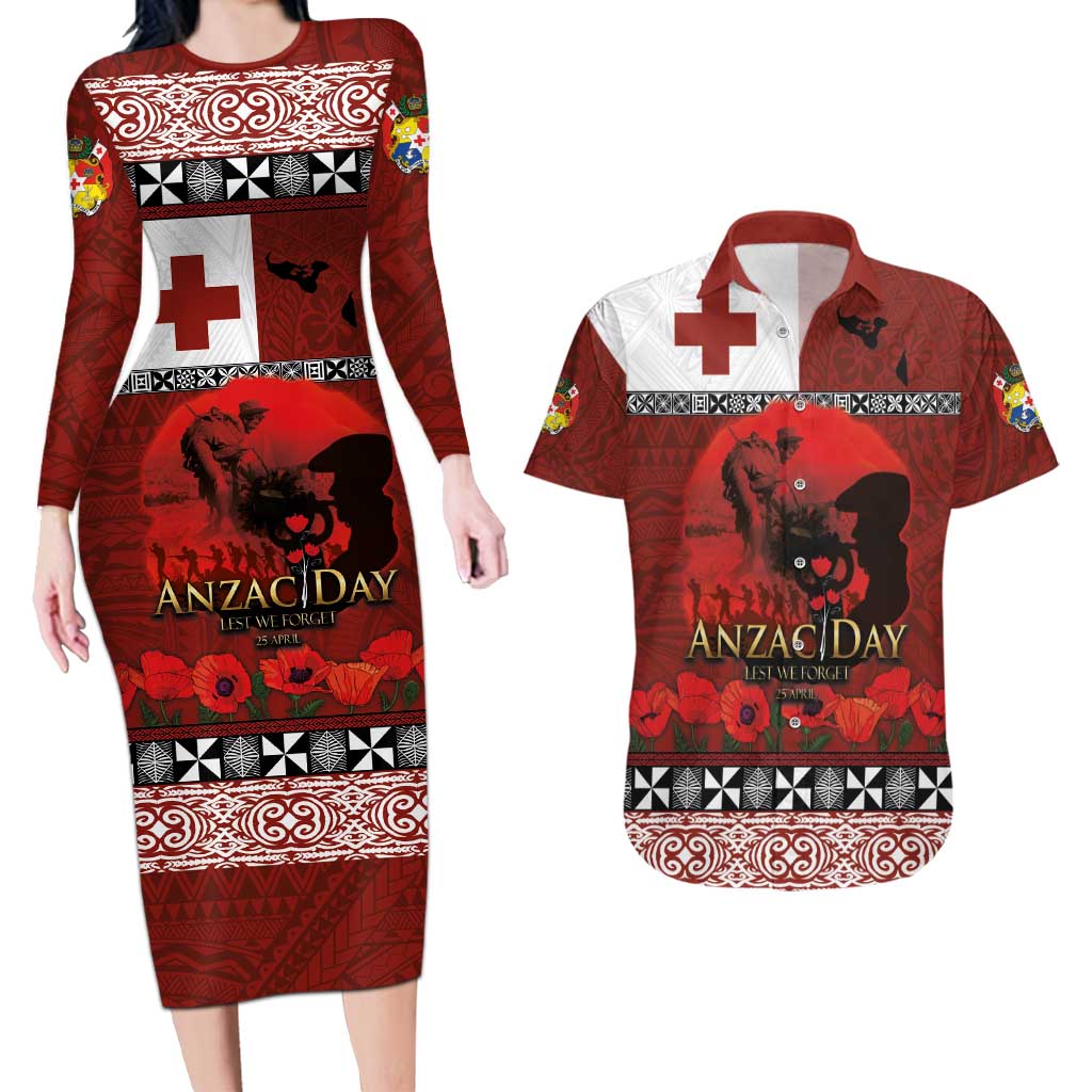 Tonga ANZAC Day Couples Matching Long Sleeve Bodycon Dress and Hawaiian Shirt Gallipoli Lest We Forget Ngatu Art Tribal LT03 Red - Polynesian Pride