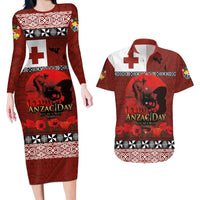 Tonga ANZAC Day Couples Matching Long Sleeve Bodycon Dress and Hawaiian Shirt Gallipoli Lest We Forget Ngatu Art Tribal LT03 Red - Polynesian Pride