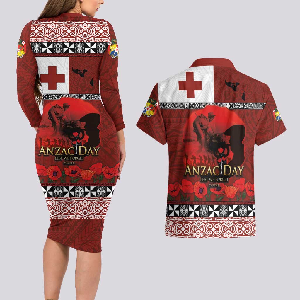 Tonga ANZAC Day Couples Matching Long Sleeve Bodycon Dress and Hawaiian Shirt Gallipoli Lest We Forget Ngatu Art Tribal LT03 - Polynesian Pride