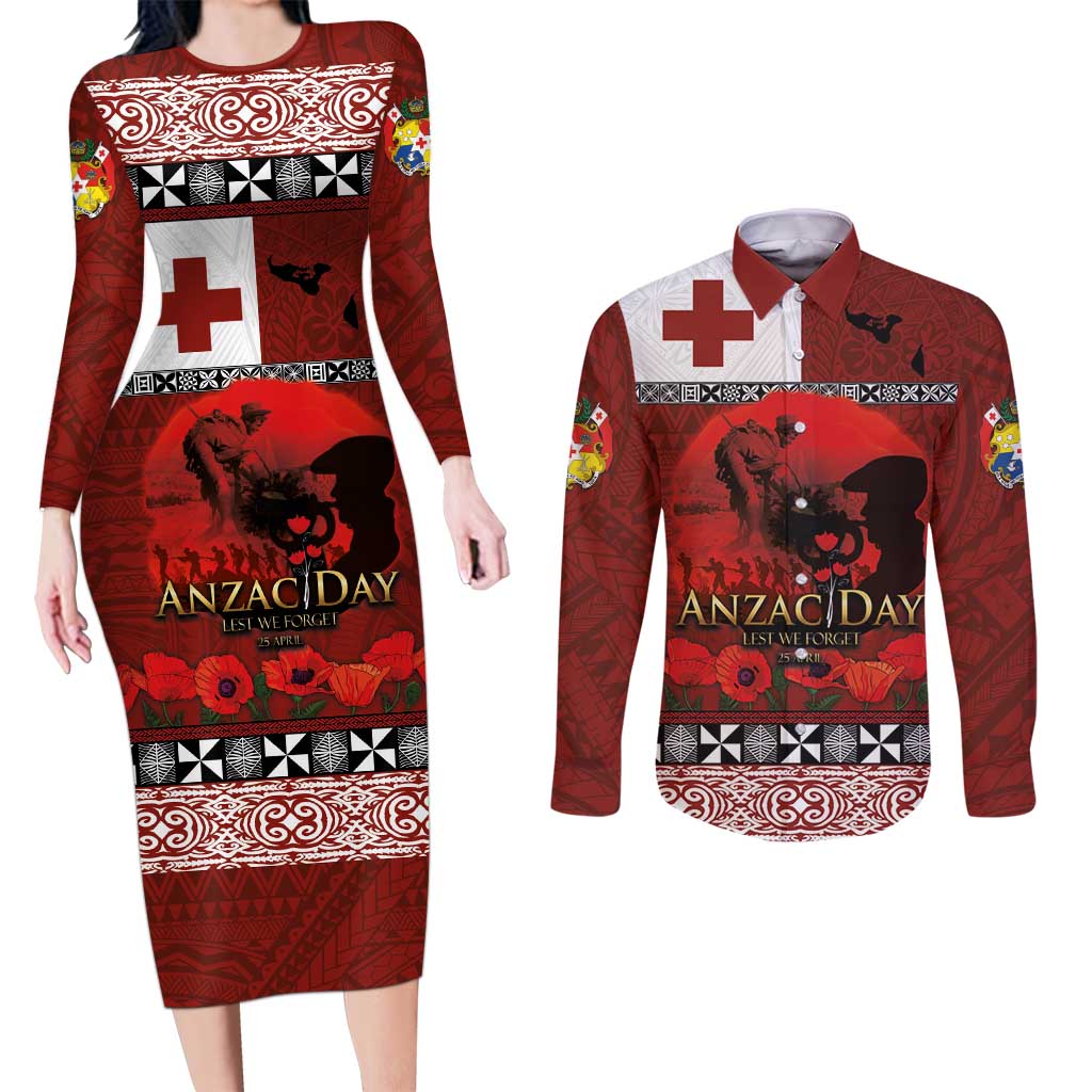 Tonga ANZAC Day Couples Matching Long Sleeve Bodycon Dress and Long Sleeve Button Shirt Gallipoli Lest We Forget Ngatu Art Tribal LT03 Red - Polynesian Pride