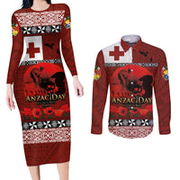 Tonga ANZAC Day Couples Matching Long Sleeve Bodycon Dress and Long Sleeve Button Shirt Gallipoli Lest We Forget Ngatu Art Tribal LT03 Red - Polynesian Pride