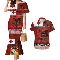 Tonga ANZAC Day Couples Matching Mermaid Dress and Hawaiian Shirt Gallipoli Lest We Forget Ngatu Art Tribal LT03 Red - Polynesian Pride