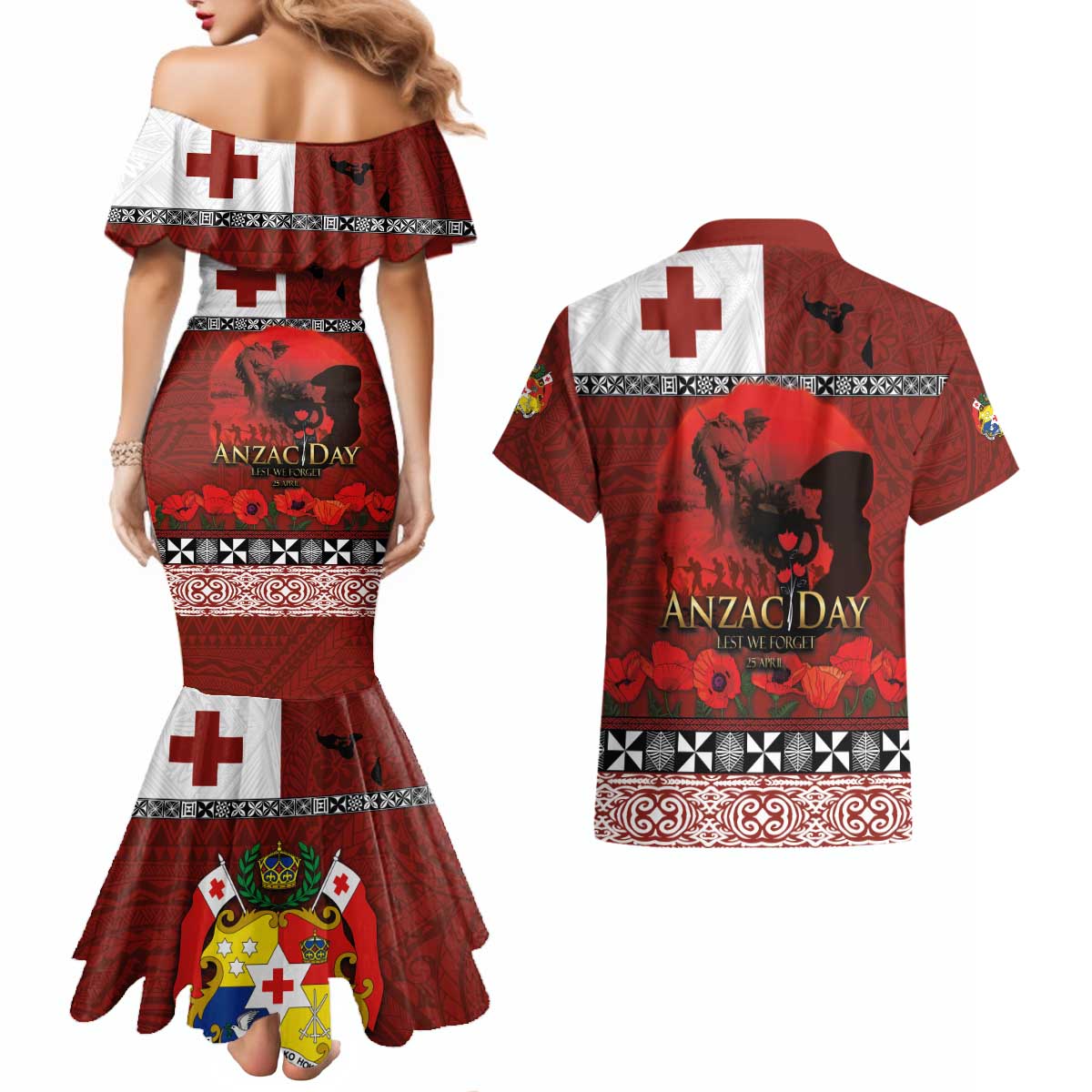 Tonga ANZAC Day Couples Matching Mermaid Dress and Hawaiian Shirt Gallipoli Lest We Forget Ngatu Art Tribal LT03 - Polynesian Pride