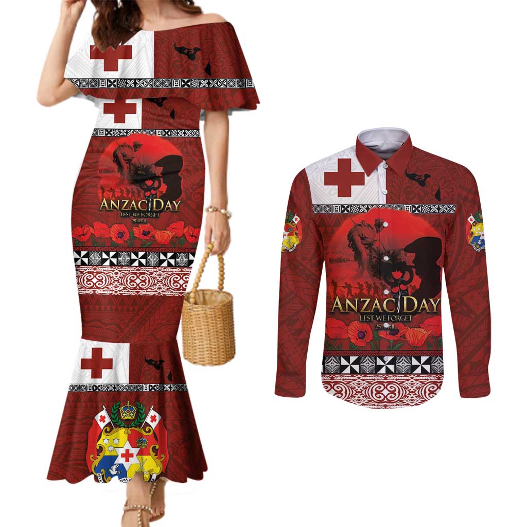 Tonga ANZAC Day Couples Matching Mermaid Dress and Long Sleeve Button Shirt Gallipoli Lest We Forget Ngatu Art Tribal LT03 Red - Polynesian Pride