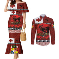 Tonga ANZAC Day Couples Matching Mermaid Dress and Long Sleeve Button Shirt Gallipoli Lest We Forget Ngatu Art Tribal LT03 Red - Polynesian Pride