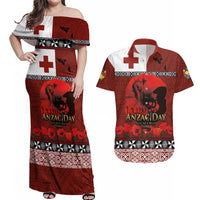 Tonga ANZAC Day Couples Matching Off Shoulder Maxi Dress and Hawaiian Shirt Gallipoli Lest We Forget Ngatu Art Tribal LT03 Red - Polynesian Pride