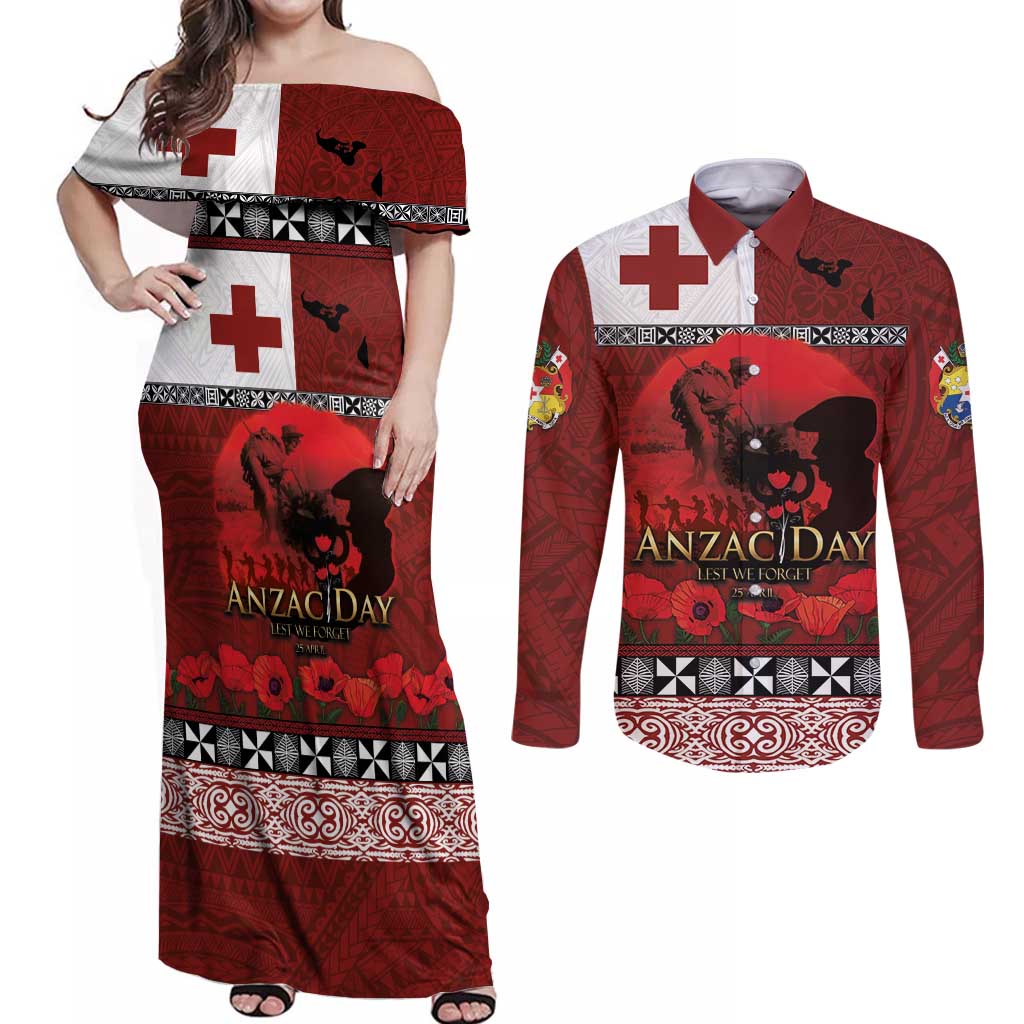 Tonga ANZAC Day Couples Matching Off Shoulder Maxi Dress and Long Sleeve Button Shirt Gallipoli Lest We Forget Ngatu Art Tribal LT03 Red - Polynesian Pride