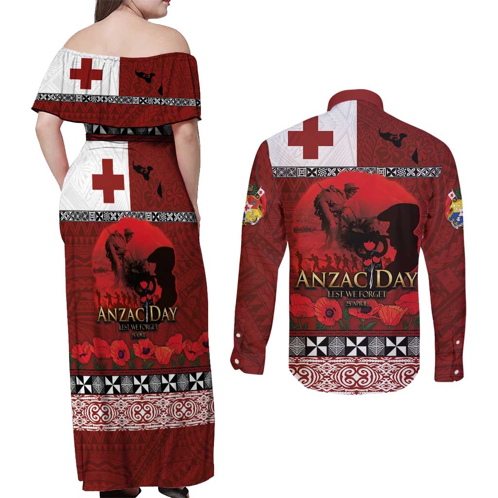Tonga ANZAC Day Couples Matching Off Shoulder Maxi Dress and Long Sleeve Button Shirt Gallipoli Lest We Forget Ngatu Art Tribal LT03 - Polynesian Pride