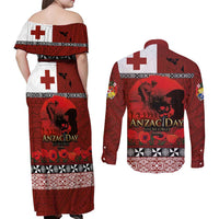Tonga ANZAC Day Couples Matching Off Shoulder Maxi Dress and Long Sleeve Button Shirt Gallipoli Lest We Forget Ngatu Art Tribal LT03 - Polynesian Pride
