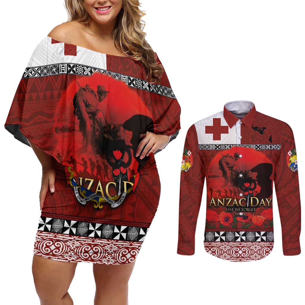 Tonga ANZAC Day Couples Matching Off Shoulder Short Dress and Long Sleeve Button Shirt Gallipoli Lest We Forget Ngatu Art Tribal LT03 Red - Polynesian Pride