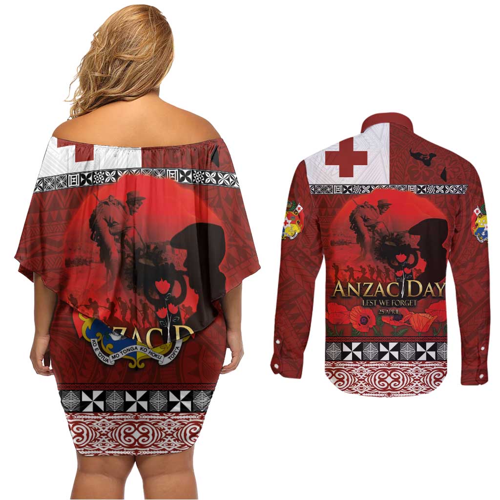 Tonga ANZAC Day Couples Matching Off Shoulder Short Dress and Long Sleeve Button Shirt Gallipoli Lest We Forget Ngatu Art Tribal LT03 - Polynesian Pride
