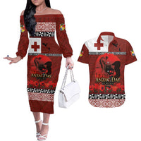 Tonga ANZAC Day Couples Matching Off The Shoulder Long Sleeve Dress and Hawaiian Shirt Gallipoli Lest We Forget Ngatu Art Tribal LT03 Red - Polynesian Pride