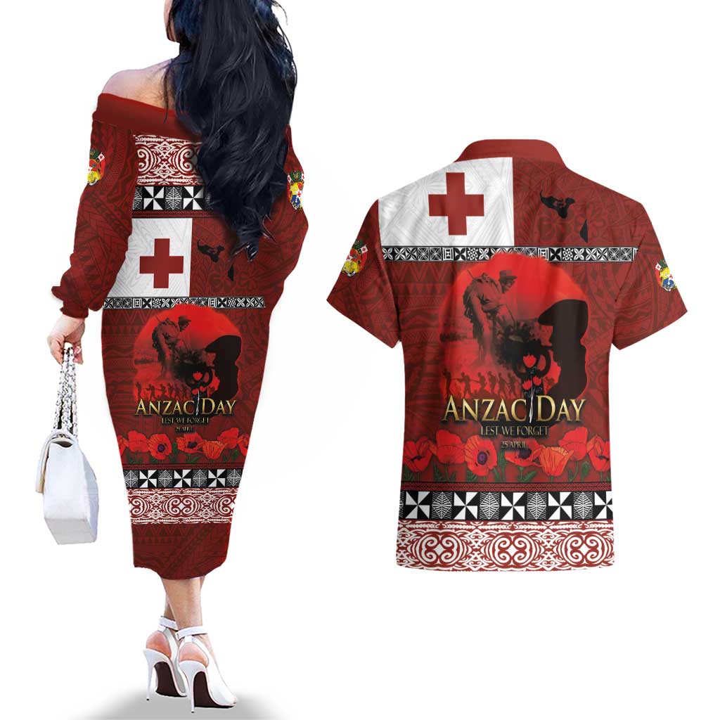Tonga ANZAC Day Couples Matching Off The Shoulder Long Sleeve Dress and Hawaiian Shirt Gallipoli Lest We Forget Ngatu Art Tribal LT03 - Polynesian Pride