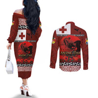 Tonga ANZAC Day Couples Matching Off The Shoulder Long Sleeve Dress and Long Sleeve Button Shirt Gallipoli Lest We Forget Ngatu Art Tribal LT03 - Polynesian Pride