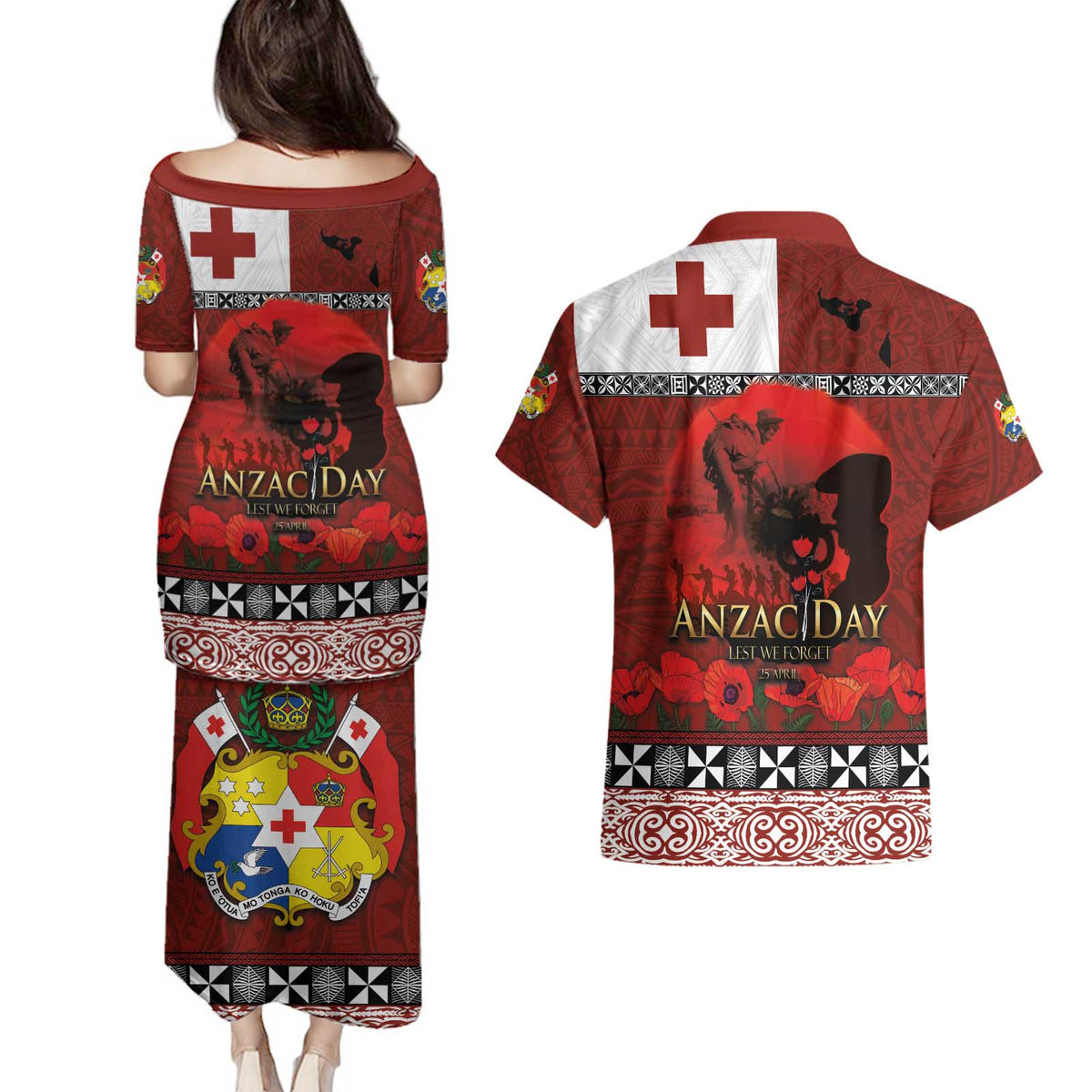 Tonga ANZAC Day Couples Matching Puletasi and Hawaiian Shirt Gallipoli Lest We Forget Ngatu Art Tribal LT03 - Polynesian Pride