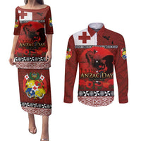 Tonga ANZAC Day Couples Matching Puletasi and Long Sleeve Button Shirt Gallipoli Lest We Forget Ngatu Art Tribal LT03 Red - Polynesian Pride