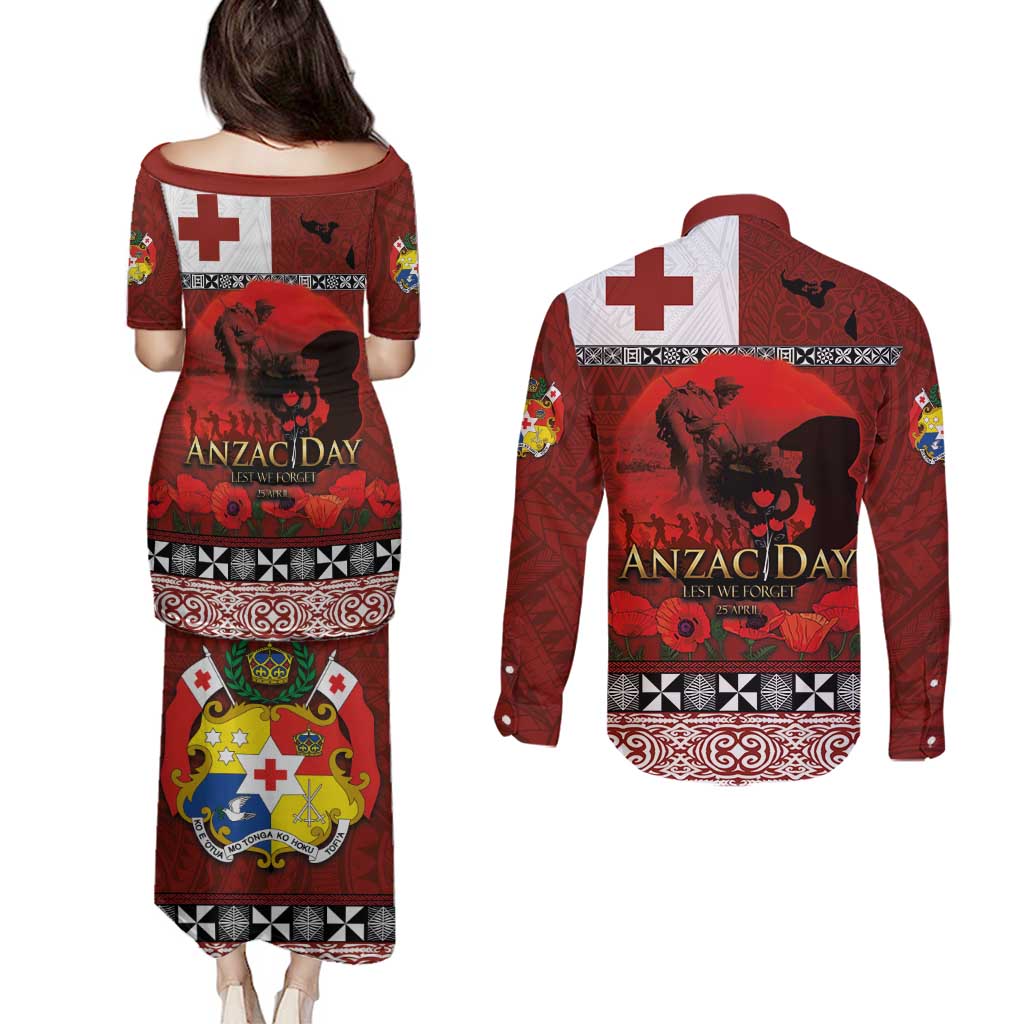 Tonga ANZAC Day Couples Matching Puletasi and Long Sleeve Button Shirt Gallipoli Lest We Forget Ngatu Art Tribal LT03 - Polynesian Pride