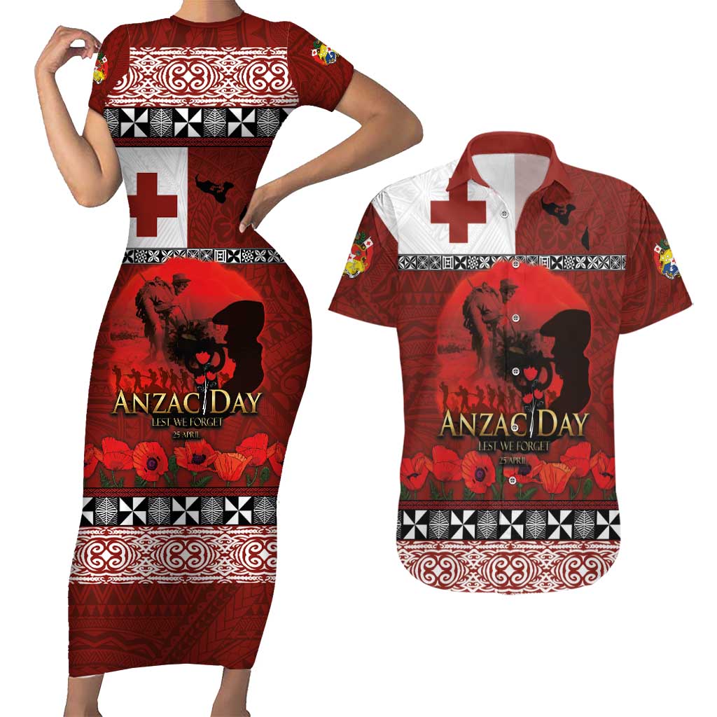 Tonga ANZAC Day Couples Matching Short Sleeve Bodycon Dress and Hawaiian Shirt Gallipoli Lest We Forget Ngatu Art Tribal LT03 Red - Polynesian Pride