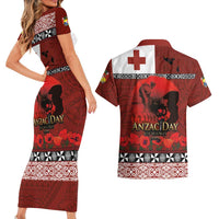Tonga ANZAC Day Couples Matching Short Sleeve Bodycon Dress and Hawaiian Shirt Gallipoli Lest We Forget Ngatu Art Tribal LT03 - Polynesian Pride