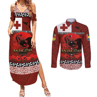 Tonga ANZAC Day Couples Matching Summer Maxi Dress and Long Sleeve Button Shirt Gallipoli Lest We Forget Ngatu Art Tribal LT03 Red - Polynesian Pride