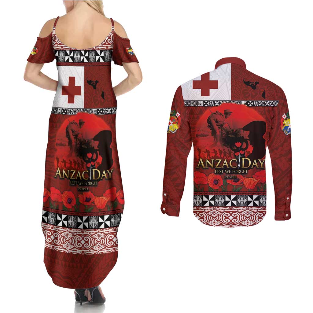 Tonga ANZAC Day Couples Matching Summer Maxi Dress and Long Sleeve Button Shirt Gallipoli Lest We Forget Ngatu Art Tribal LT03 - Polynesian Pride