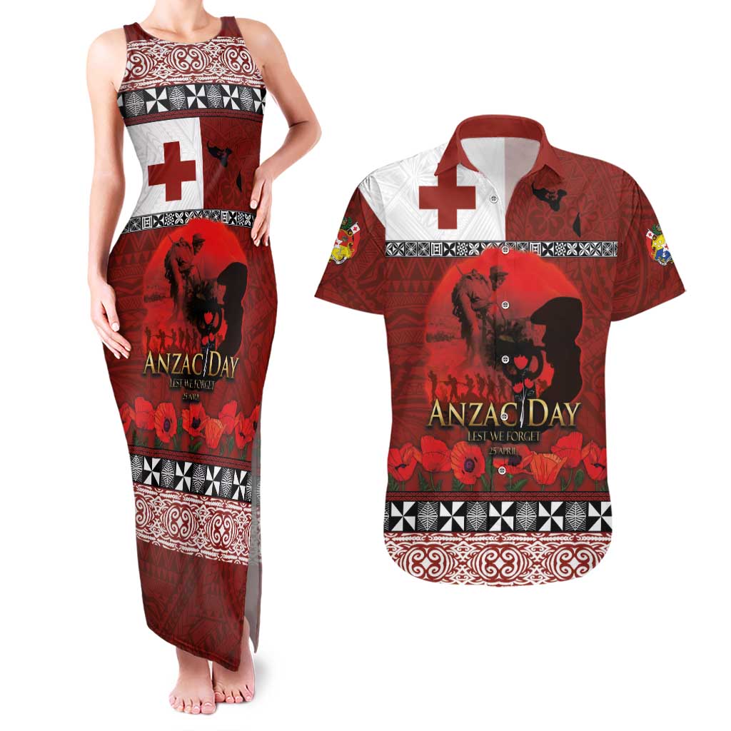 Tonga ANZAC Day Couples Matching Tank Maxi Dress and Hawaiian Shirt Gallipoli Lest We Forget Ngatu Art Tribal LT03 Red - Polynesian Pride
