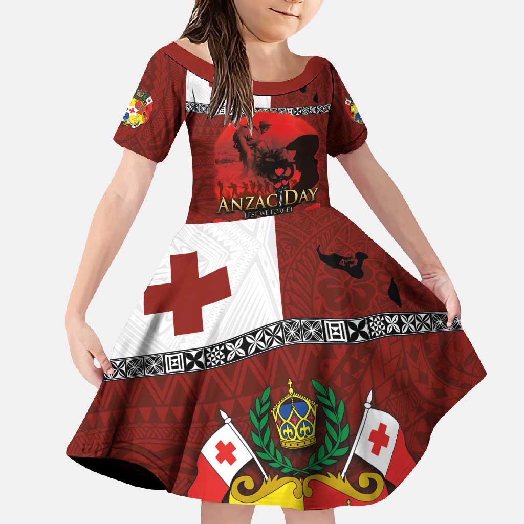 Tonga ANZAC Day Family Matching Long Sleeve Bodycon Dress and Hawaiian Shirt Gallipoli Lest We Forget Ngatu Art Tribal LT03 Daughter's Dress Red - Polynesian Pride