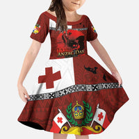 Tonga ANZAC Day Family Matching Long Sleeve Bodycon Dress and Hawaiian Shirt Gallipoli Lest We Forget Ngatu Art Tribal LT03 Daughter's Dress Red - Polynesian Pride
