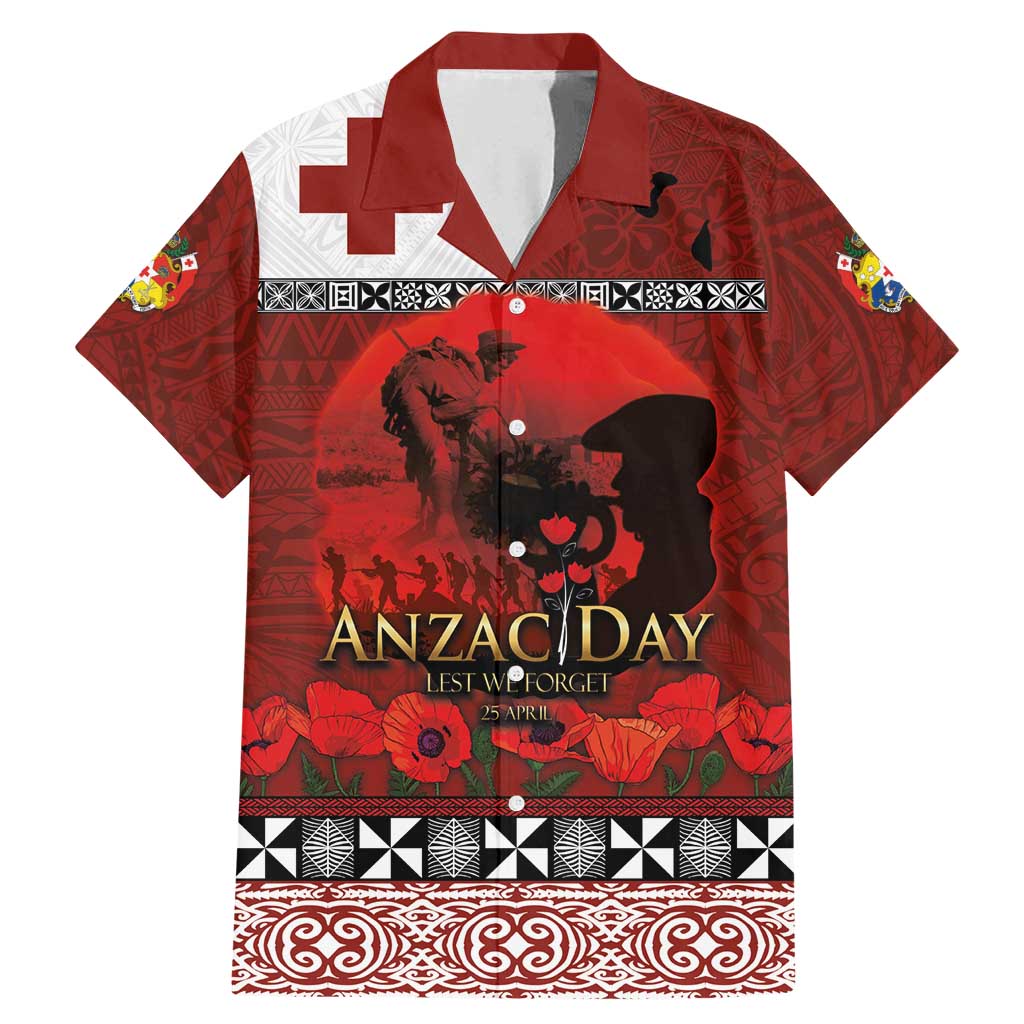 Tonga ANZAC Day Family Matching Mermaid Dress and Hawaiian Shirt Gallipoli Lest We Forget Ngatu Art Tribal LT03 Dad's Shirt - Short Sleeve Red - Polynesian Pride