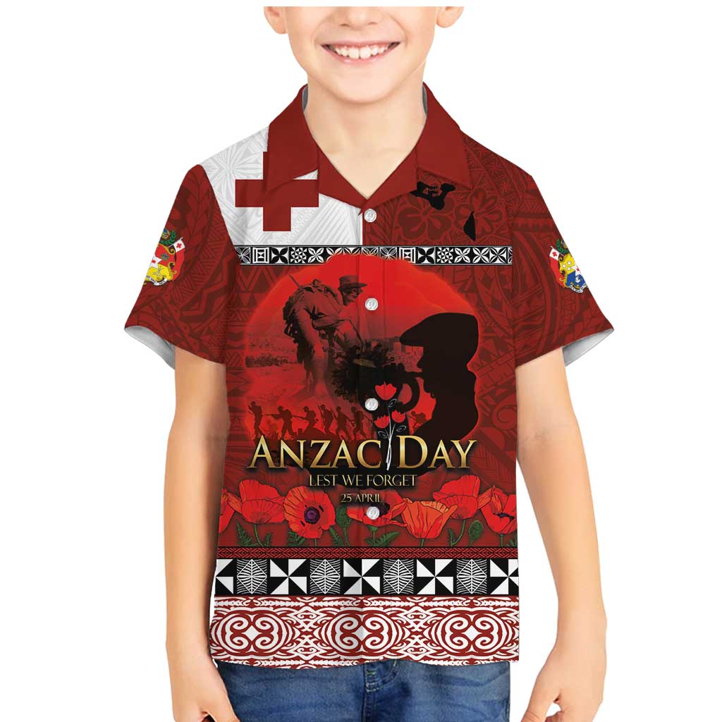 Tonga ANZAC Day Family Matching Mermaid Dress and Hawaiian Shirt Gallipoli Lest We Forget Ngatu Art Tribal LT03 Son's Shirt Red - Polynesian Pride