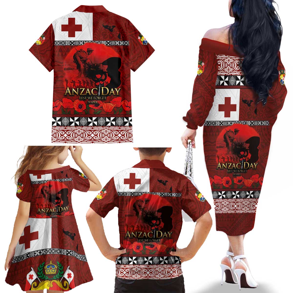Tonga ANZAC Day Family Matching Off The Shoulder Long Sleeve Dress and Hawaiian Shirt Gallipoli Lest We Forget Ngatu Art Tribal LT03 - Polynesian Pride
