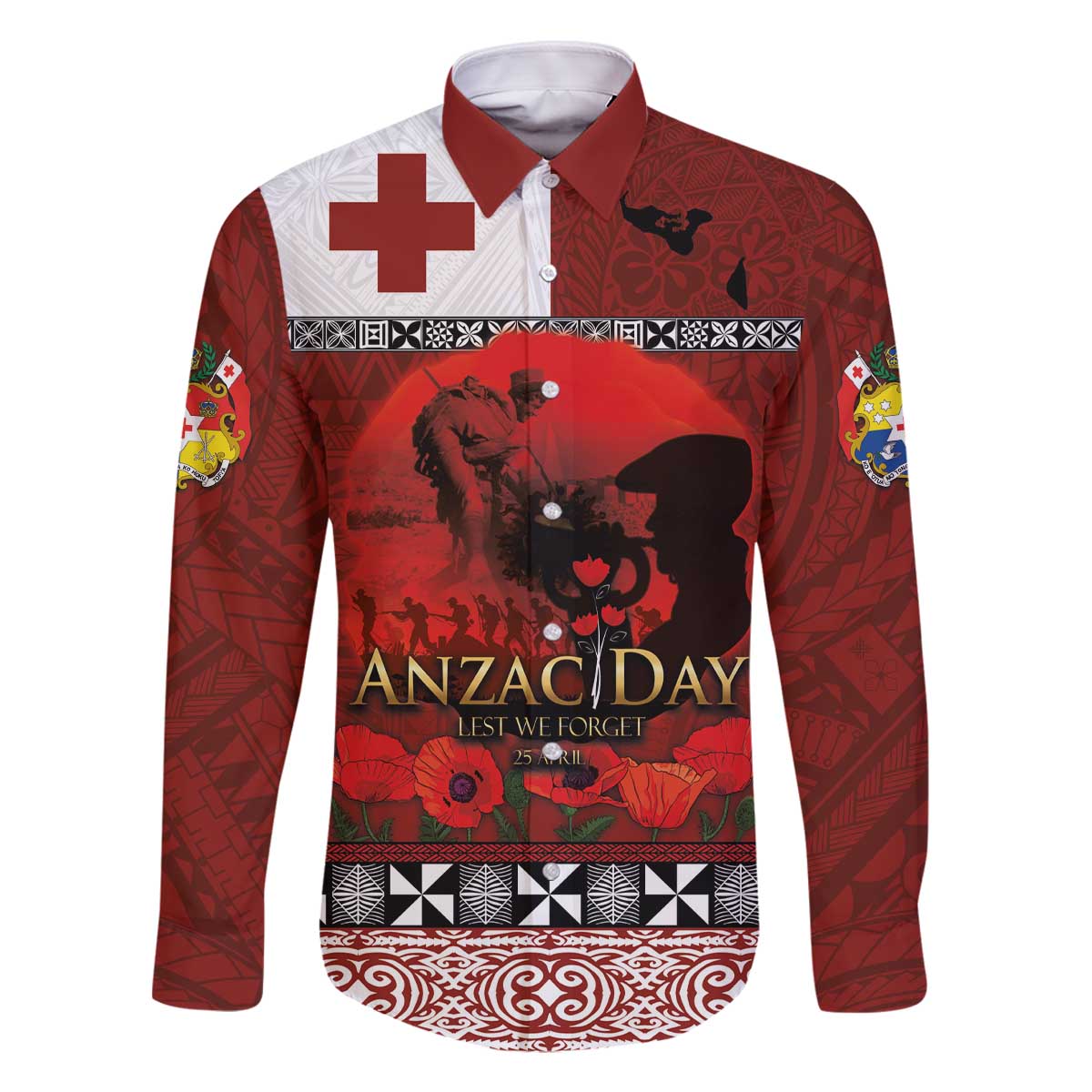 Tonga ANZAC Day Family Matching Off The Shoulder Long Sleeve Dress and Hawaiian Shirt Gallipoli Lest We Forget Ngatu Art Tribal LT03 Dad's Shirt - Long Sleeve Red - Polynesian Pride