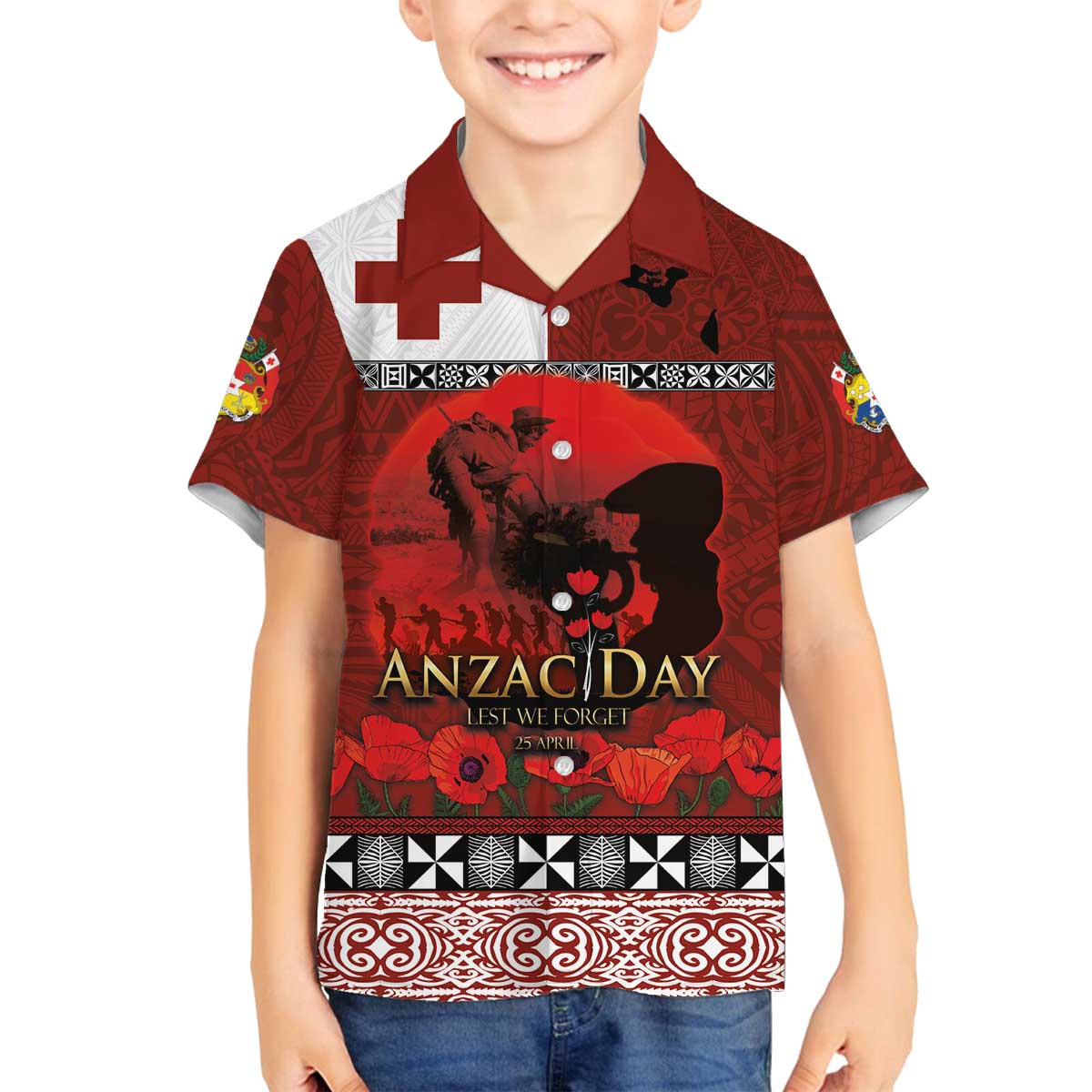 Tonga ANZAC Day Family Matching Off The Shoulder Long Sleeve Dress and Hawaiian Shirt Gallipoli Lest We Forget Ngatu Art Tribal LT03 Son's Shirt Red - Polynesian Pride
