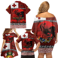 Tonga ANZAC Day Family Matching Off Shoulder Short Dress and Hawaiian Shirt Gallipoli Lest We Forget Ngatu Art Tribal LT03 - Polynesian Pride
