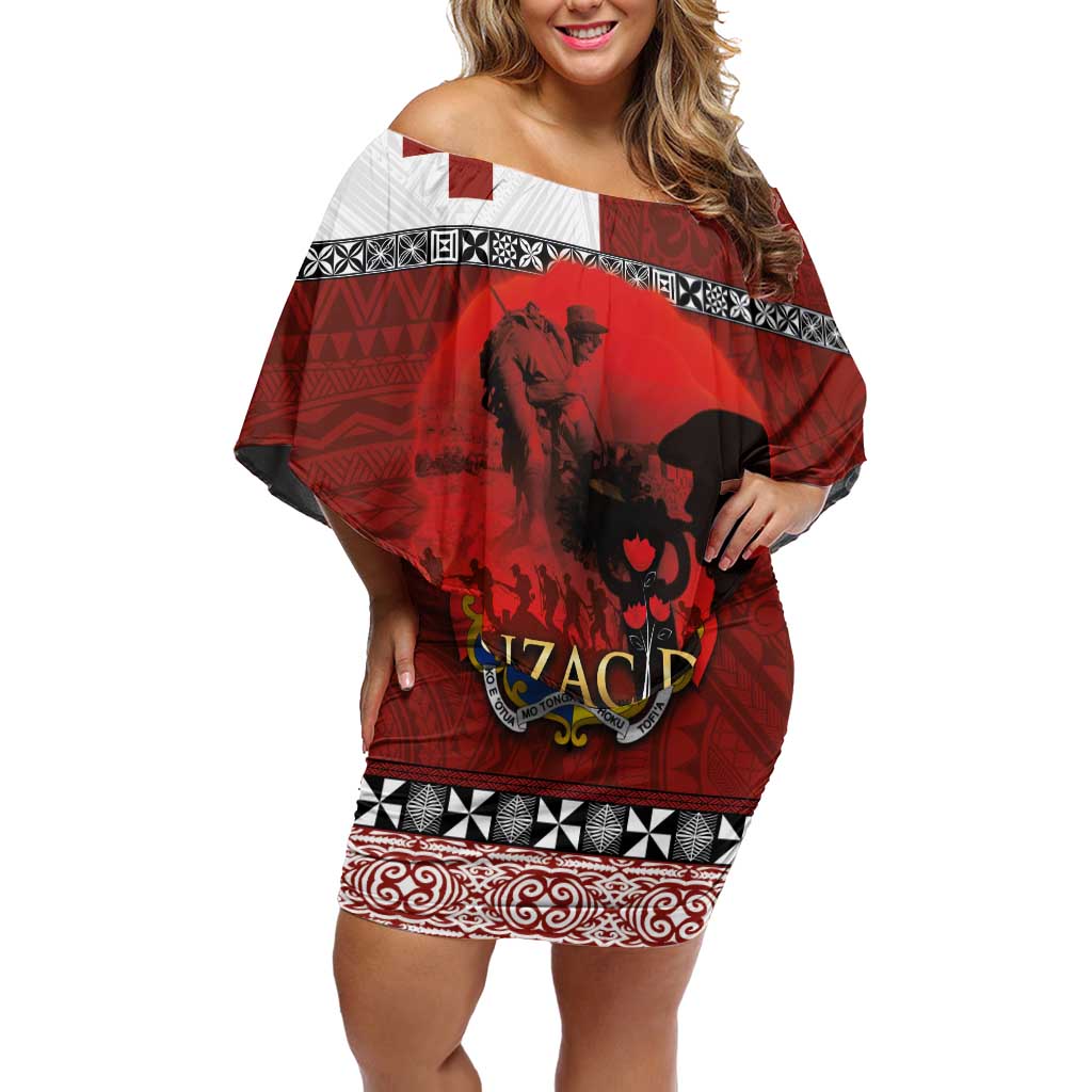 Tonga ANZAC Day Family Matching Off Shoulder Short Dress and Hawaiian Shirt Gallipoli Lest We Forget Ngatu Art Tribal LT03 Mom's Dress Red - Polynesian Pride