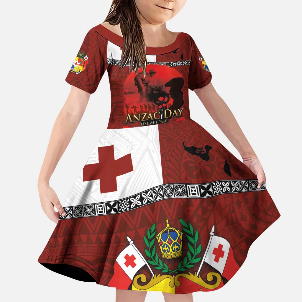 Tonga ANZAC Day Family Matching Puletasi and Hawaiian Shirt Gallipoli Lest We Forget Ngatu Art Tribal LT03 Daughter's Dress Red - Polynesian Pride