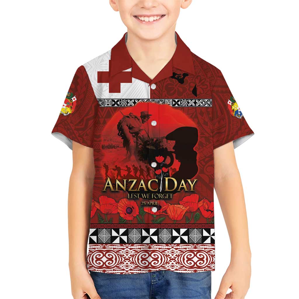 Tonga ANZAC Day Family Matching Puletasi and Hawaiian Shirt Gallipoli Lest We Forget Ngatu Art Tribal LT03 Son's Shirt Red - Polynesian Pride